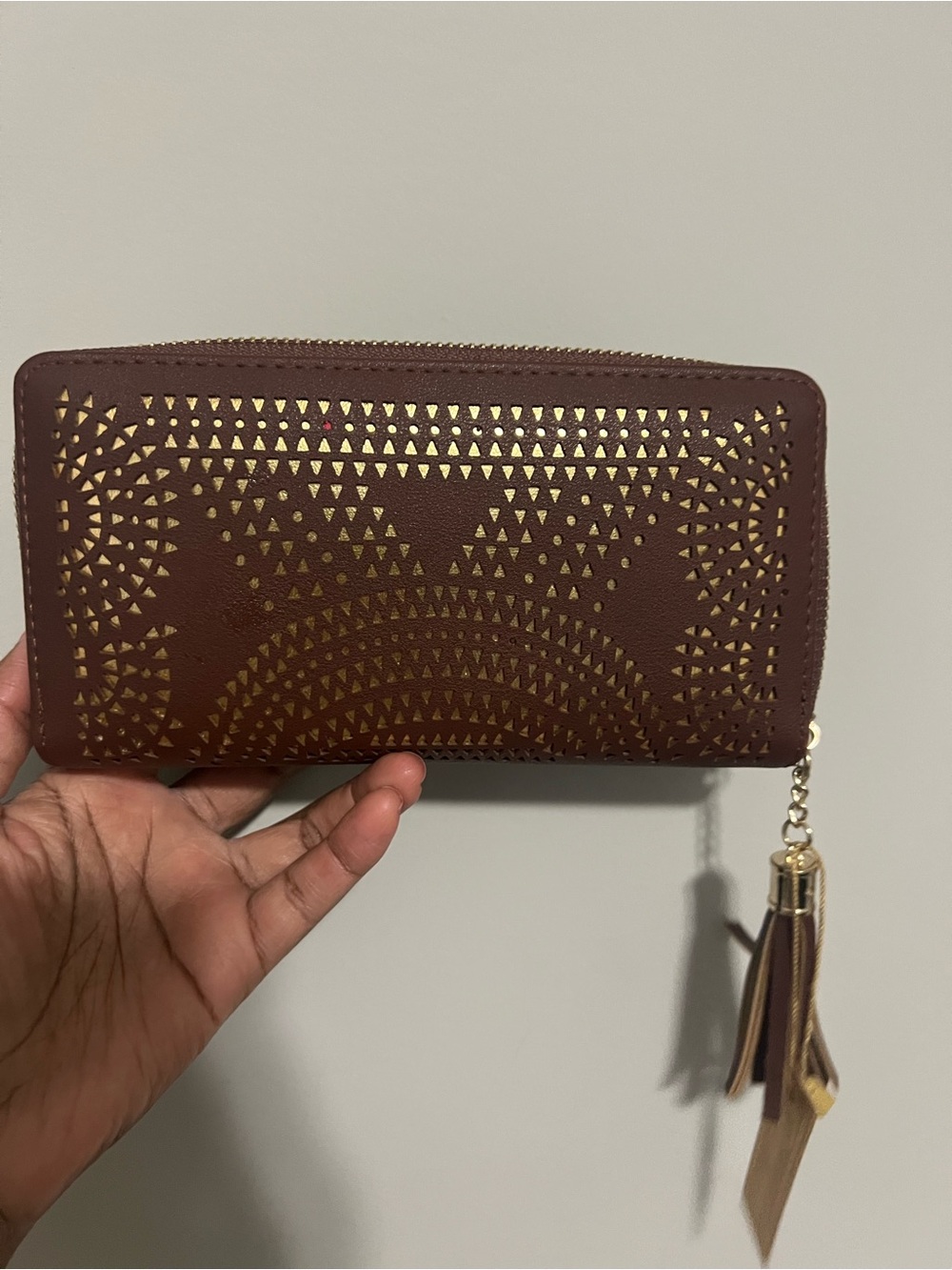 SHEIN Brown Zip Wallet with Gold Laser-Cut Pattern